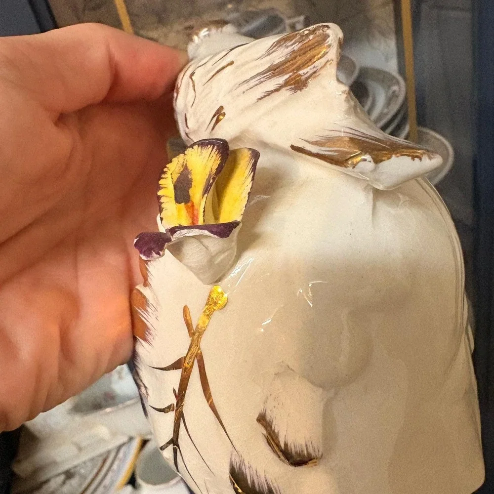 Antique French Vieux Paris Porcelain Bird Centerpiece Bowl Oak Leaf Gold Gilt